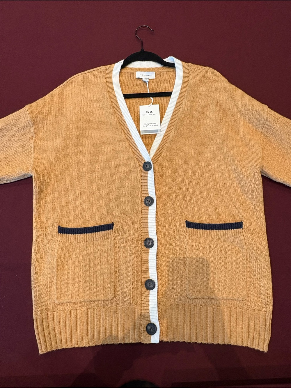 FA Women's V‑Neck Cardigan in Mustard with White & Black Trim